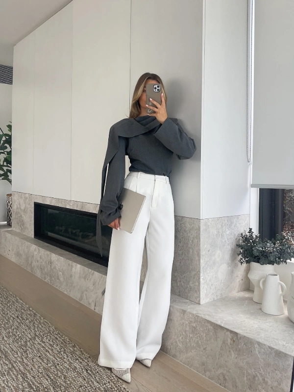Scarf Detail Top and Wide Leg Trousers