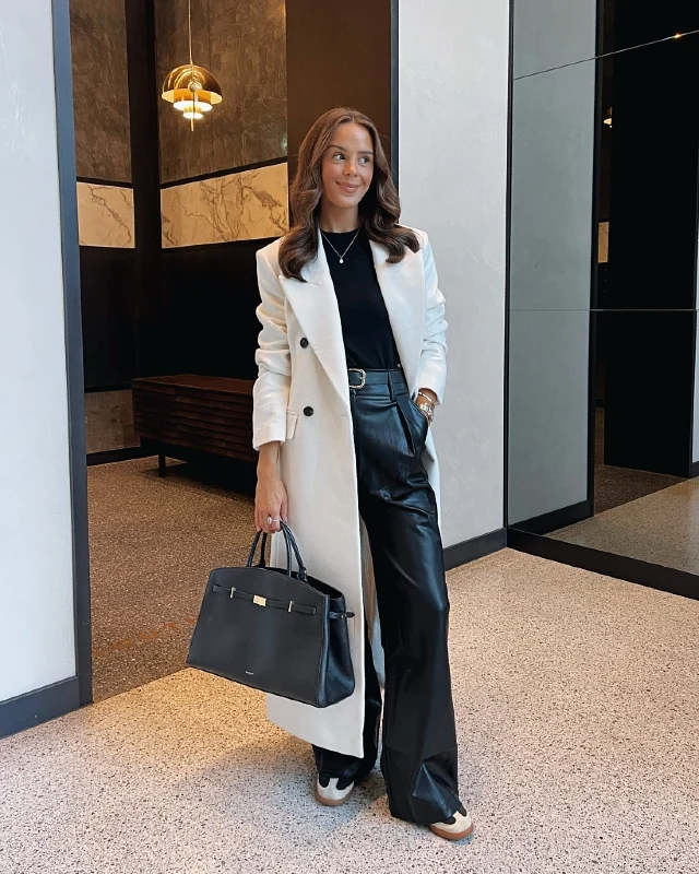 White Long Coat and Leather Trousers