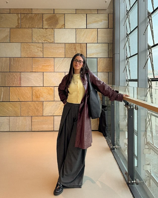 Burgundy Leather Trench and Pale Yellow Cardigan