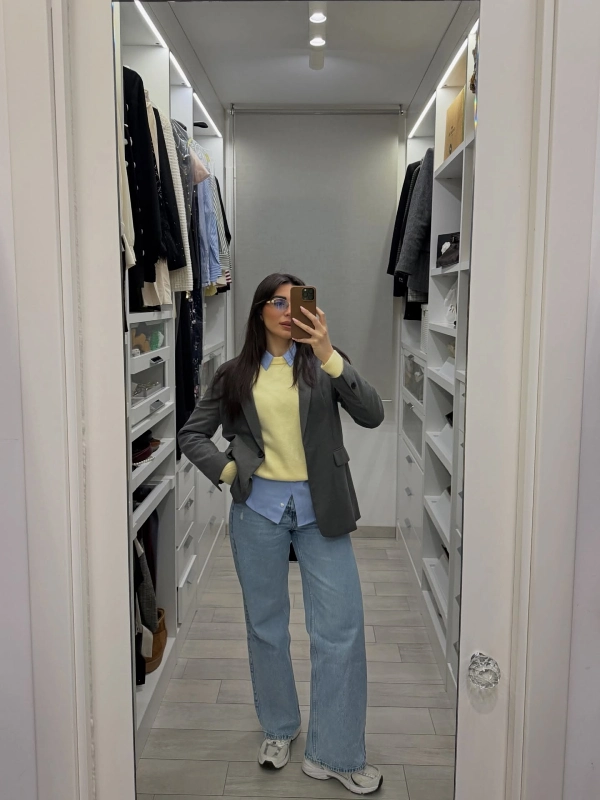 Layered Grey Blazer and Yellow Knit