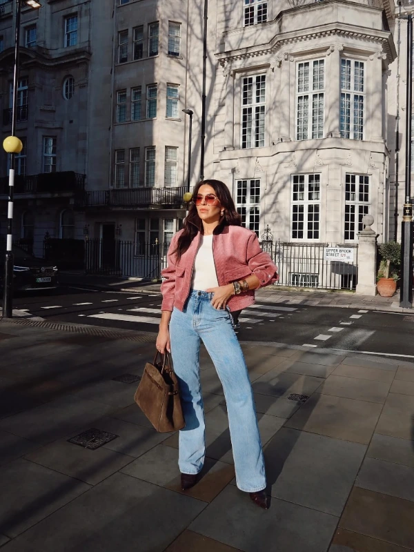 Dusty Rose Bomber and Flared Denim