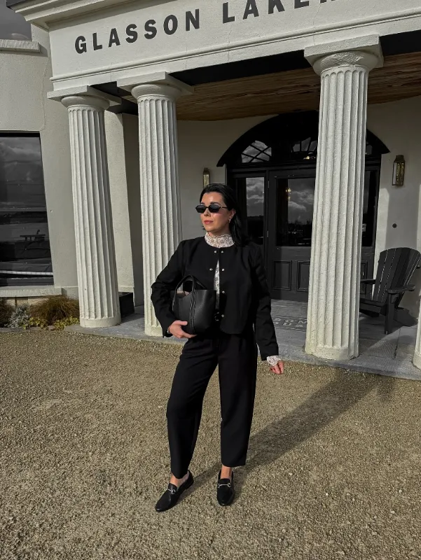Collarless Black Jacket and Lace Detailing