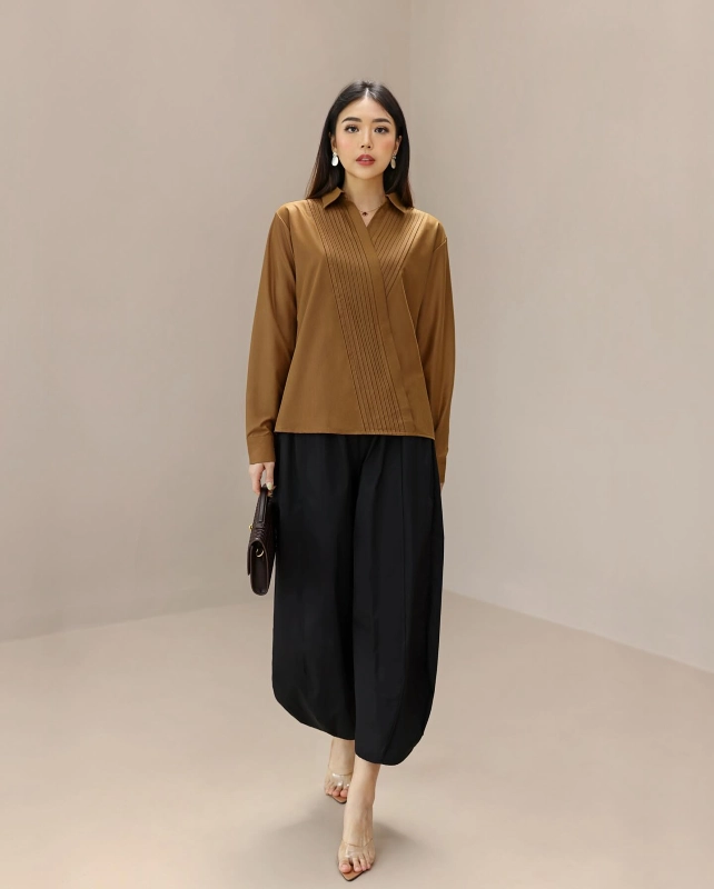 Pleated Ochre Blouse and Balloon Trousers