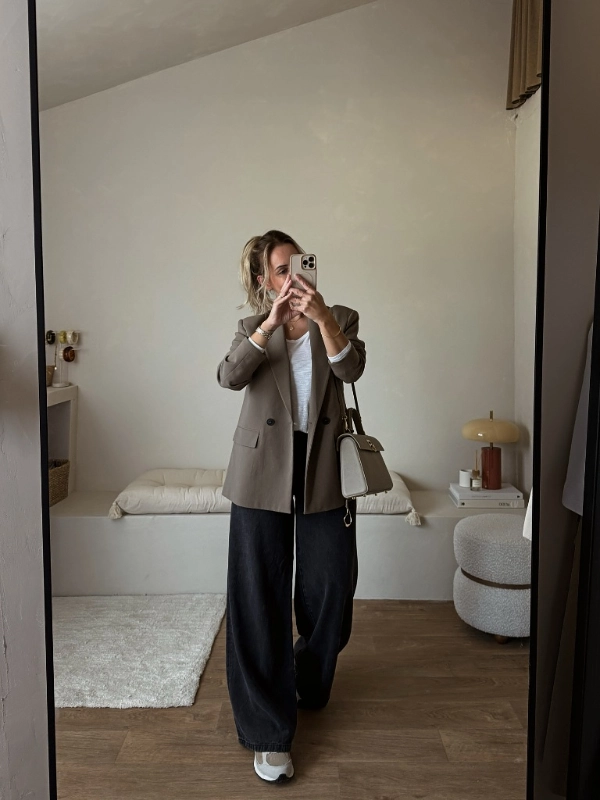 Olive Blazer and Dark Wide Leg Jeans