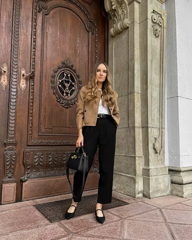 Cropped Camel Jacket and Pleated Trousers