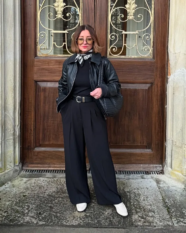 Leather Jacket and Pleated Trousers