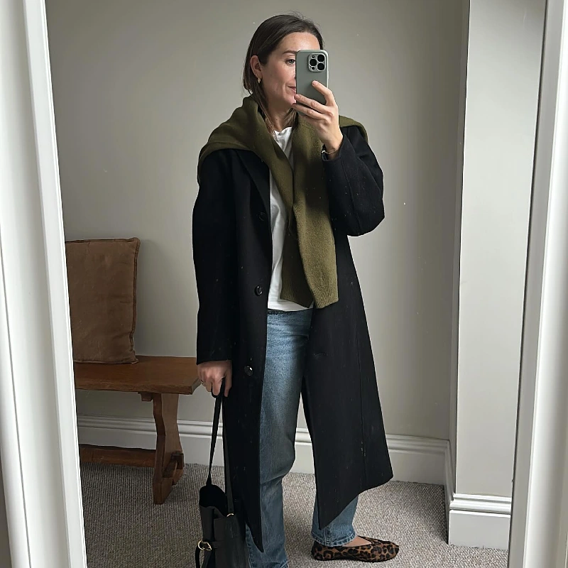 Long Black Coat with Olive Scarf