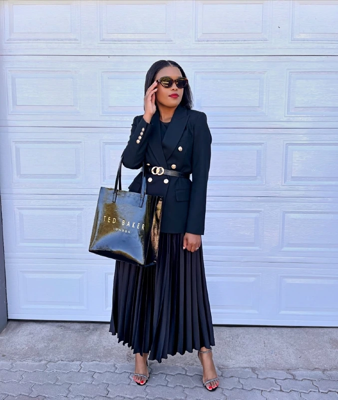 Belted Blazer and Pleated Midi Skirt