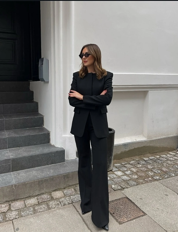 Collarless Blazer and Wide Leg Pants