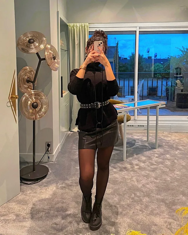 Belted Turtleneck and Leather Mini Skirt