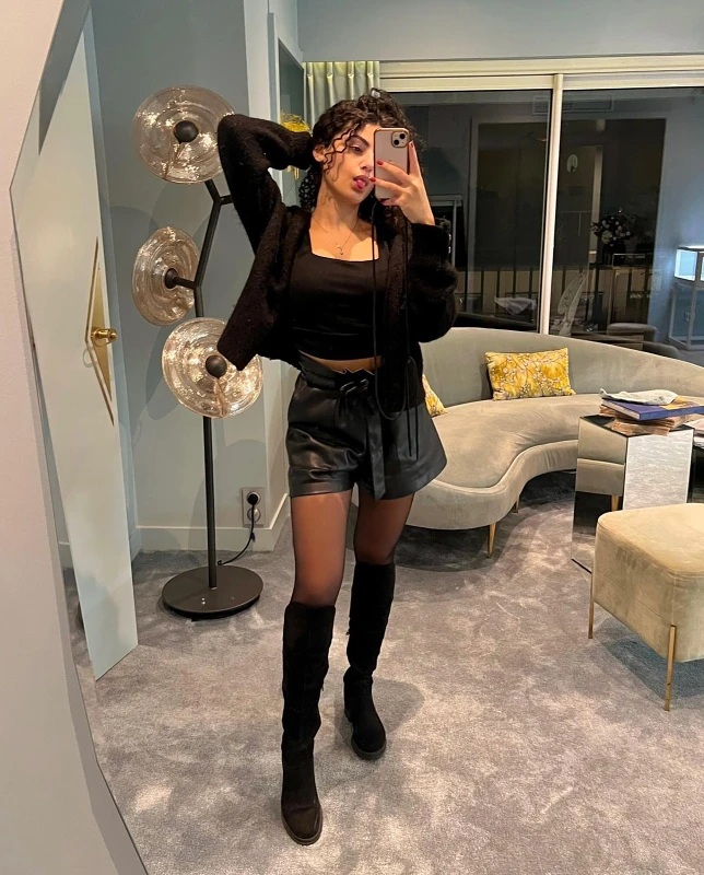 Cardigan and Paperbag Waist Leather Shorts