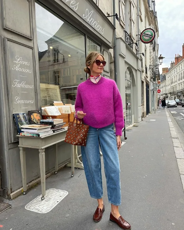 Magenta Knit and Barrel Jeans