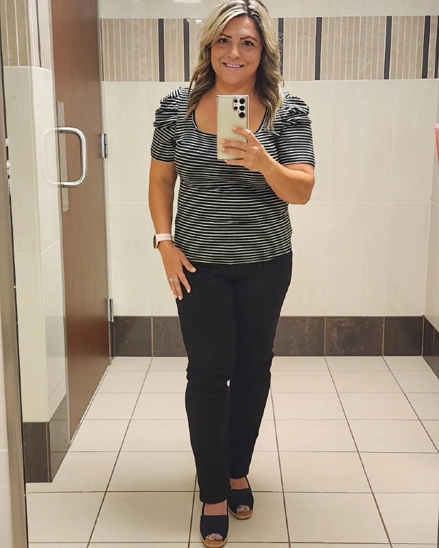 Striped Puff Sleeve Top and Black Pants