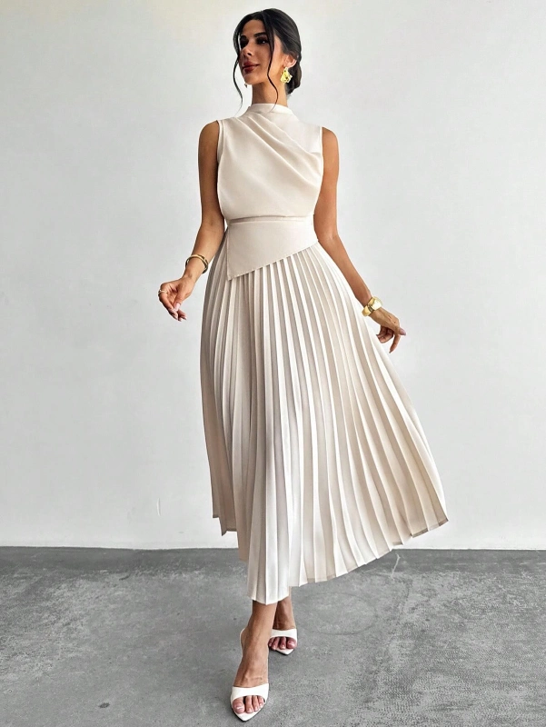 Pleated Cream Midi Dress