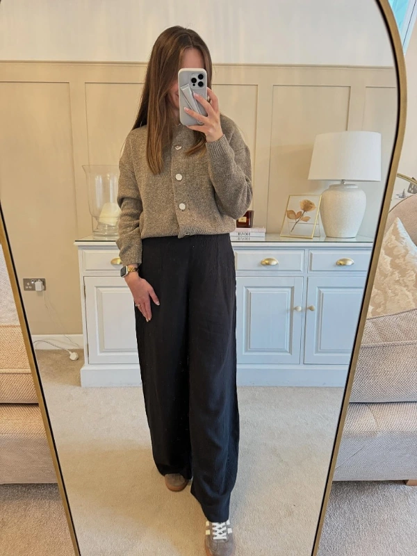 Button Front Cardigan and Wide Leg Trousers