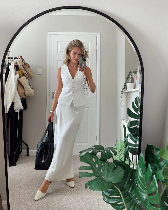 White Vest and Satin Skirt Office Elegance Look