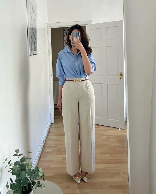 Sky Blue Shirt and Cream Tailored Pants Office Look