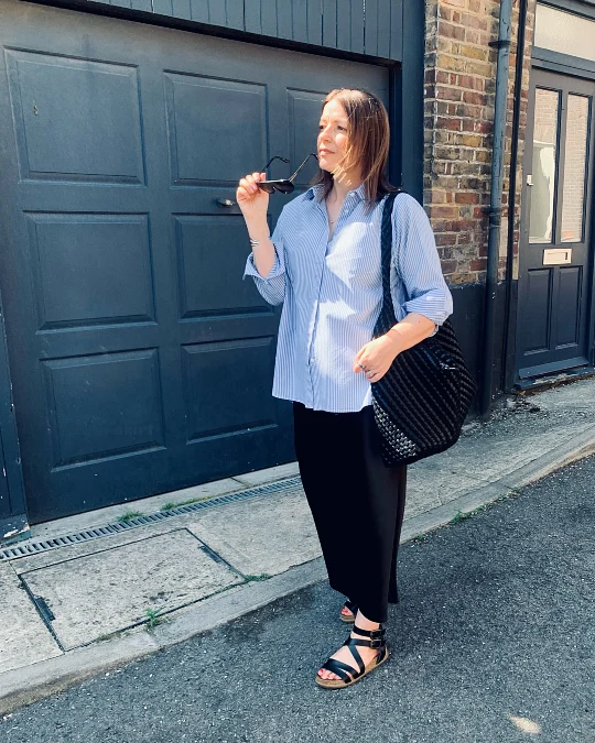 Striped Shirt and Black Skirt City Office Look