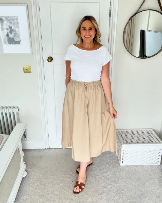 White Top and Beige Midi Skirt Soft Office Look