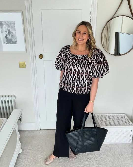 Zigzag Print Top and Black Trousers Office Look