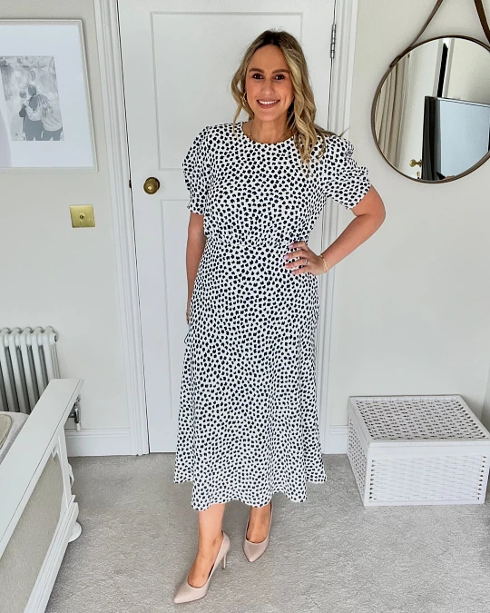 Black Polka Dot Midi Dress Office Elegance Look