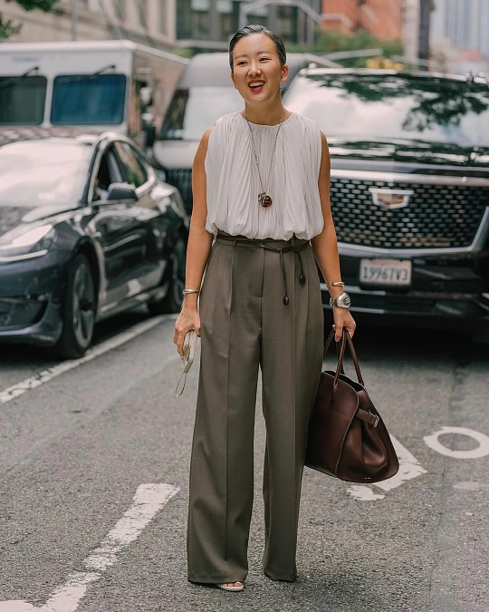 White Draped Top and Olive Wide Leg Office Look