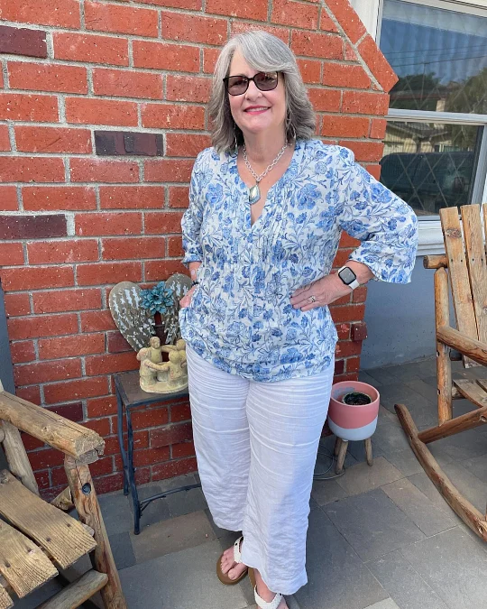Blue Floral Blouse With Crisp White Pants