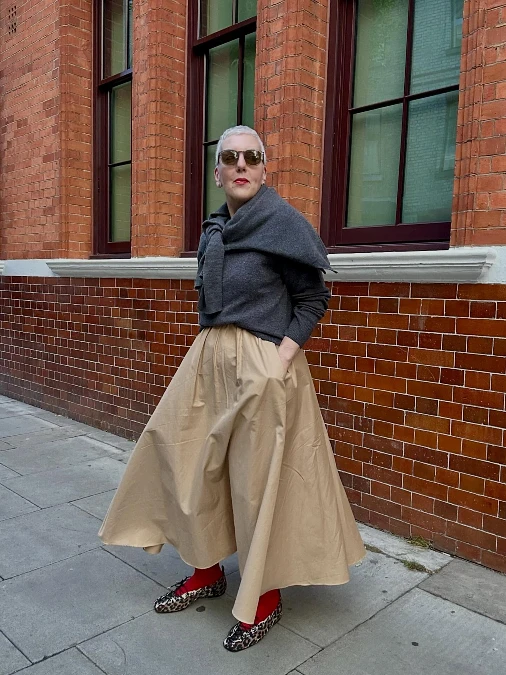 Charcoal Knit With Full Beige Skirt