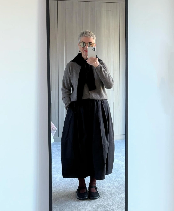 Gray Cardigan With Black Midi Skirt