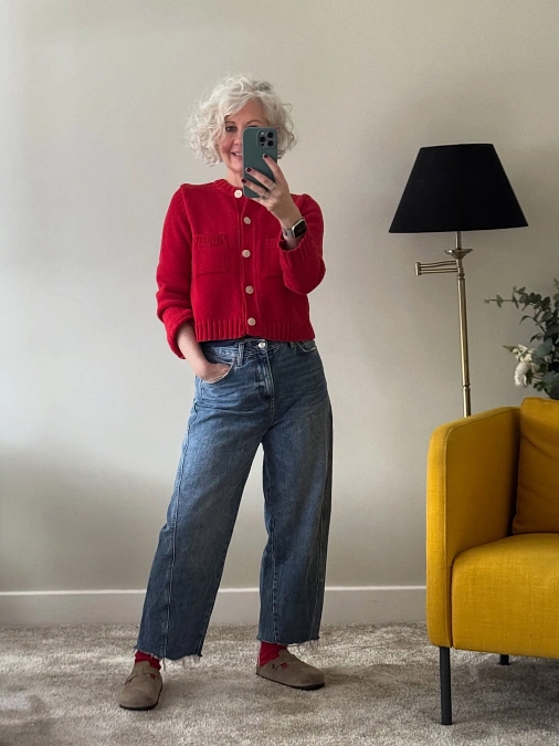 Red Cardigan With Relaxed Straight Leg Jeans