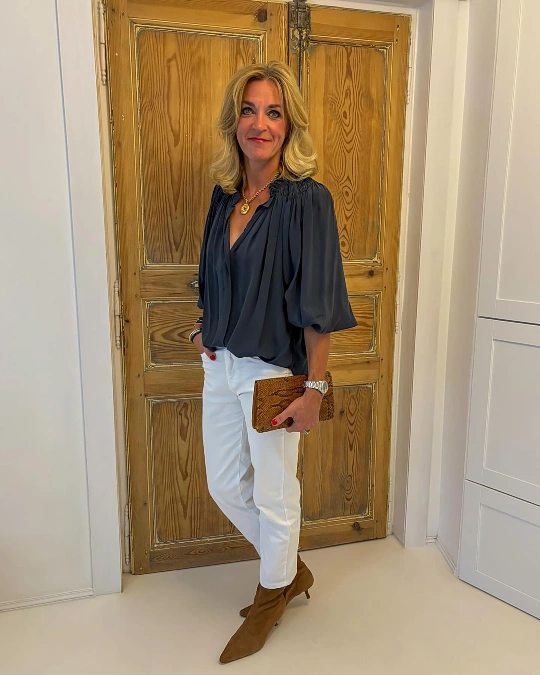 Navy Blouse With White Tailored Pants