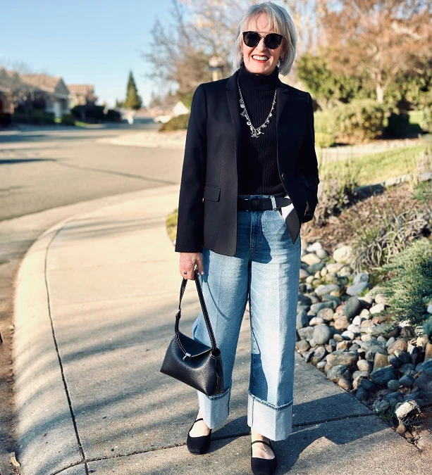 Black Blazer With Cuffed Wide Leg Jeans