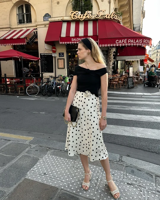 Black Top With Polka Dot Midi Skirt