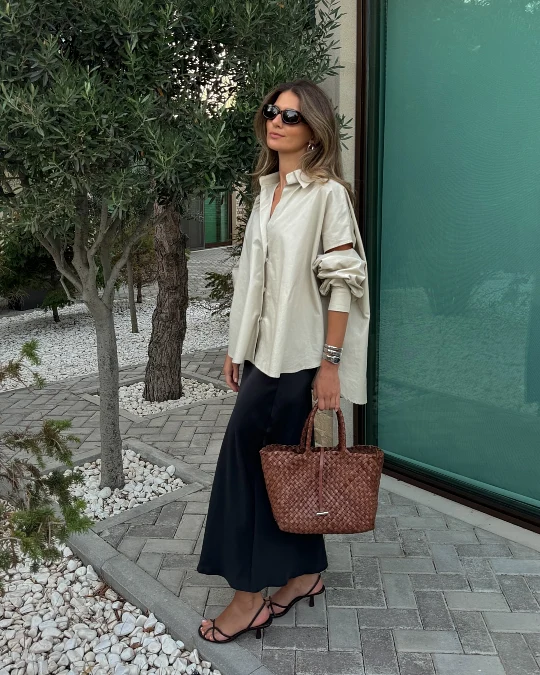 Cream Oversized Shirt With Wide Black Trousers