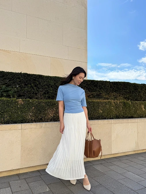 Blue Fitted Top With White Pleated Skirt