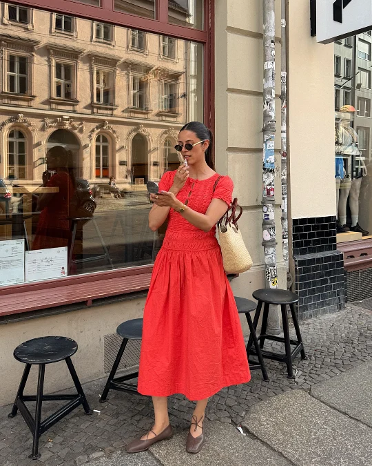 Red Cinched Waist Midi Dress
