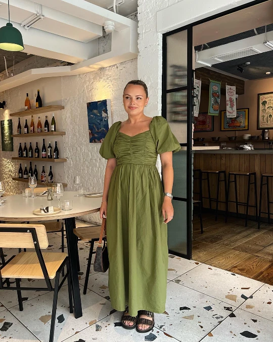 Olive Ruched Midi Dress With Puff Sleeves