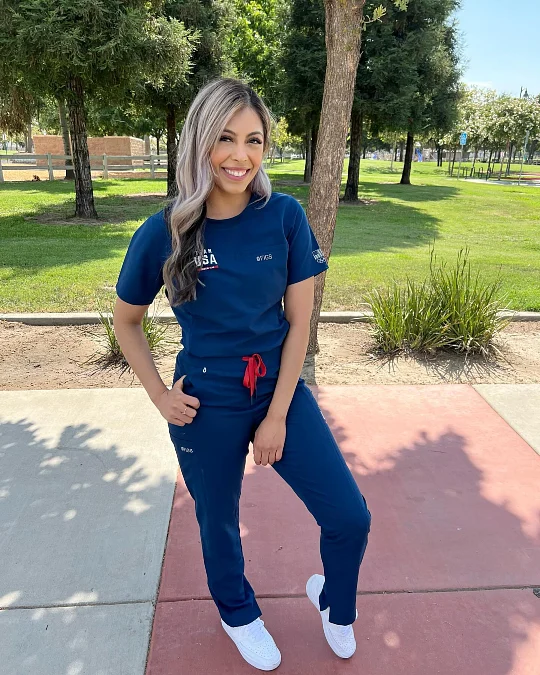 Navy Scrub Set With White Sneakers