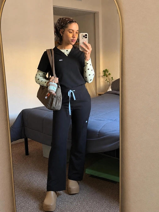 Black Scrub Set With Layered Pattern Top