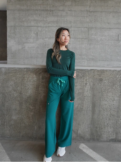 Teal Scrub Pants With a Fitted Long Sleeve Top