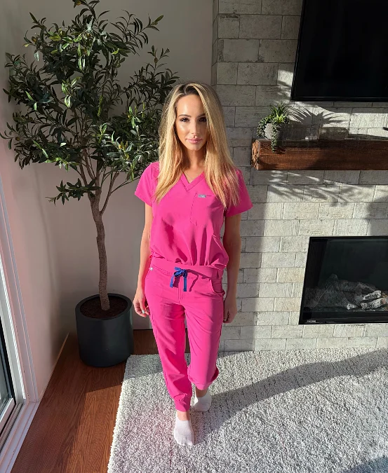 Pink Scrub Joggers With a V Neck Top