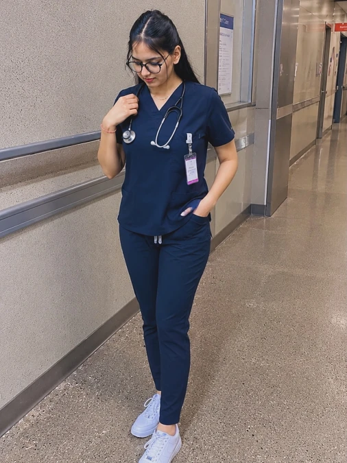 Navy Scrub Set With White Platform Sneakers