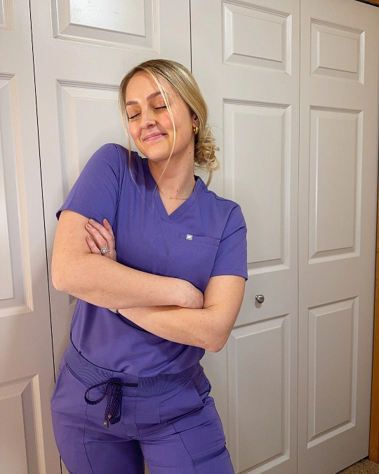 Purple Scrub Set With Simple Gold Jewelry