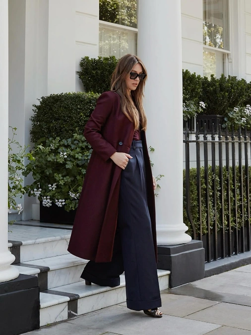 Burgundy Long Coat and Wide Leg Trousers