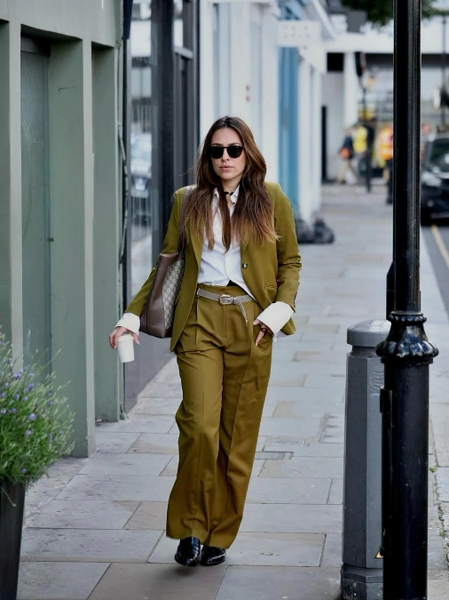 Olive Green Pantsuit and Crisp White Shirt