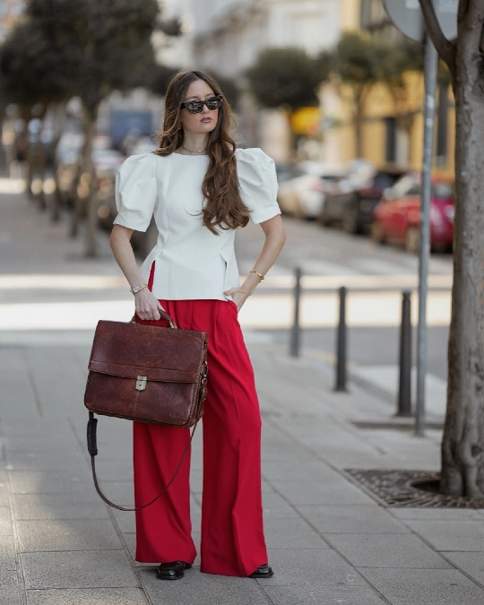 Puff Sleeve Blouse and Vibrant Red Trousers