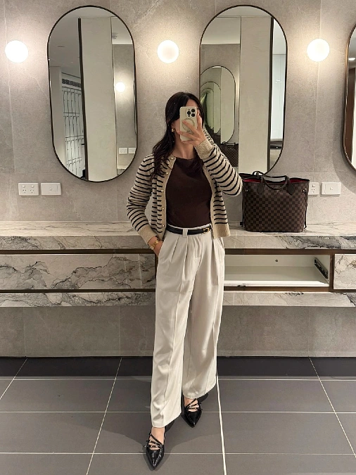 Striped Cardigan and Pleated Cream Trousers