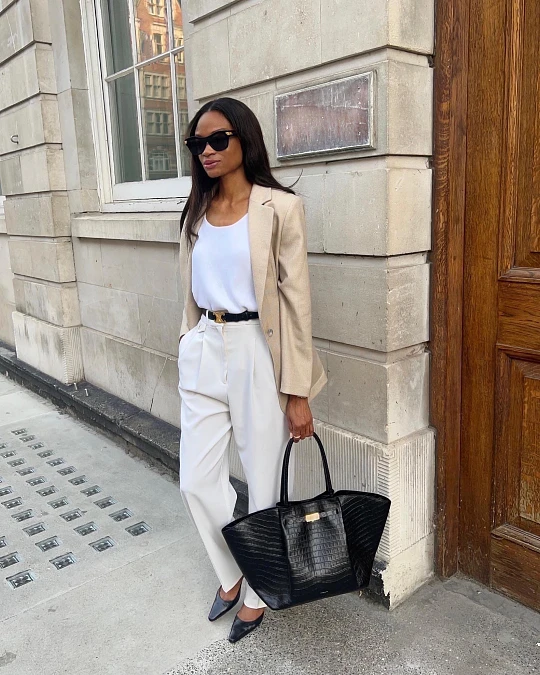 Beige Blazer and High Waisted Ivory Trousers
