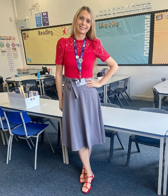 Lace Detail Top and Grey Midi Skirt