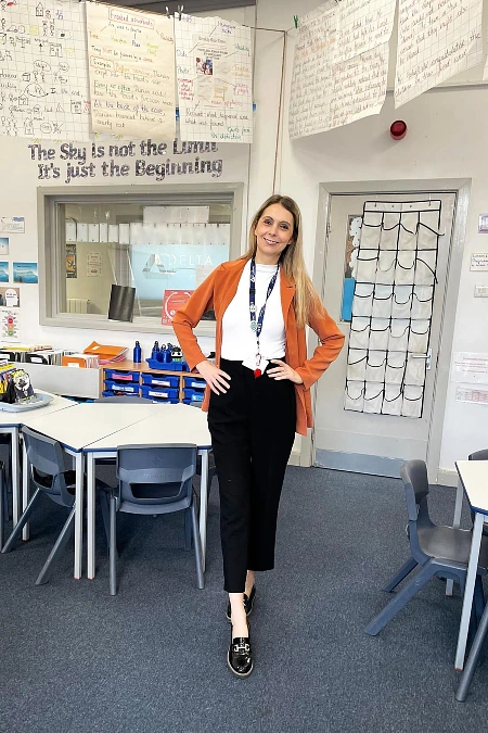Burnt Orange Blazer and Black Trousers